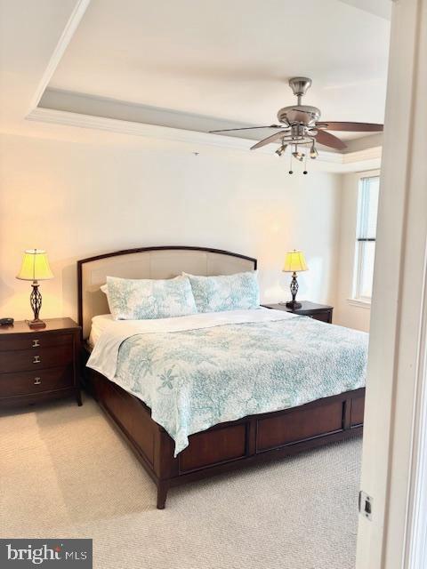 carpeted bedroom with crown molding, ceiling fan, and a raised ceiling