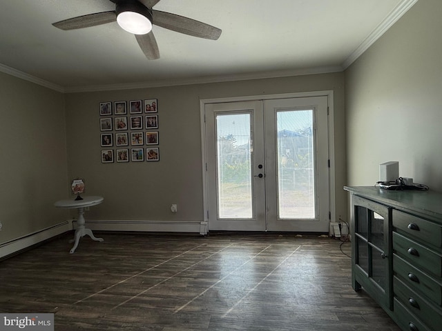 doorway to outside featuring dark wood-type flooring, ornamental molding, french doors, and ceiling fan