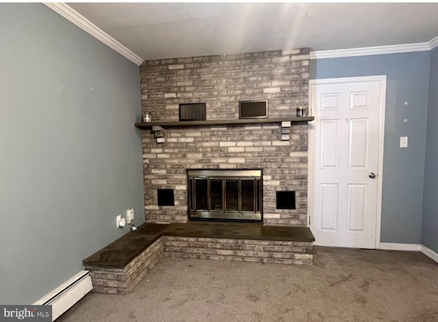 unfurnished living room with a brick fireplace, a baseboard radiator, ornamental molding, and dark colored carpet