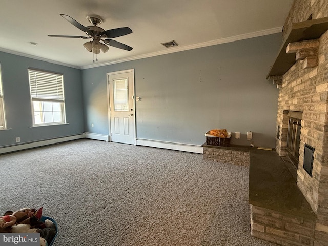 unfurnished living room with a baseboard heating unit, dark carpet, a fireplace, and ornamental molding