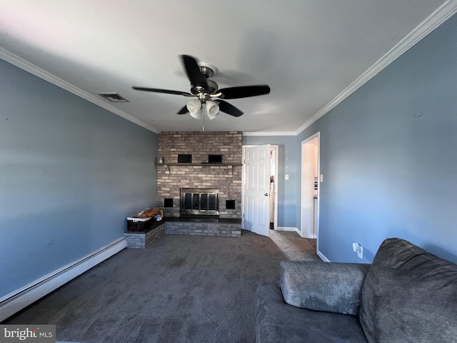 unfurnished living room with a fireplace, dark colored carpet, ornamental molding, ceiling fan, and baseboard heating