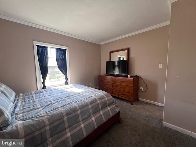 bedroom featuring ornamental molding and carpet flooring