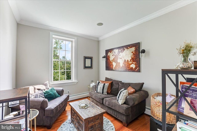 living room with hardwood / wood-style flooring, a baseboard radiator, and ornamental molding