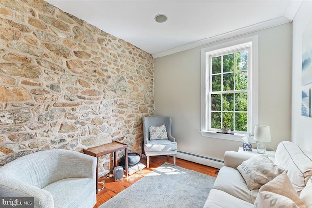 living area with a baseboard radiator, wood-type flooring, and ornamental molding