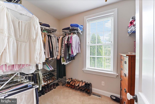 walk in closet featuring light colored carpet