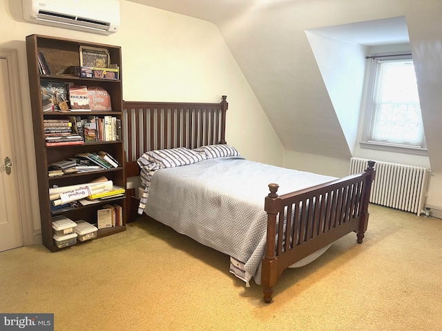 carpeted bedroom featuring radiator heating unit, vaulted ceiling, and a wall unit AC