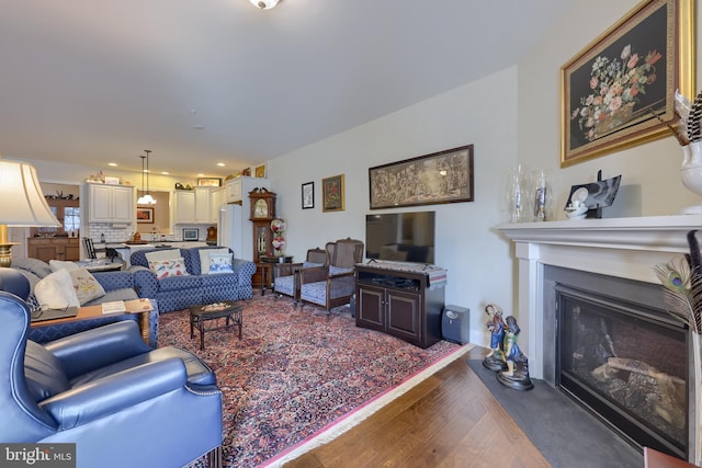 living room with dark hardwood / wood-style flooring