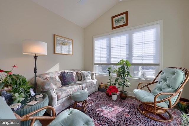 living room featuring vaulted ceiling