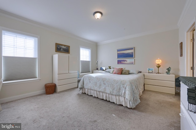 carpeted bedroom with crown molding