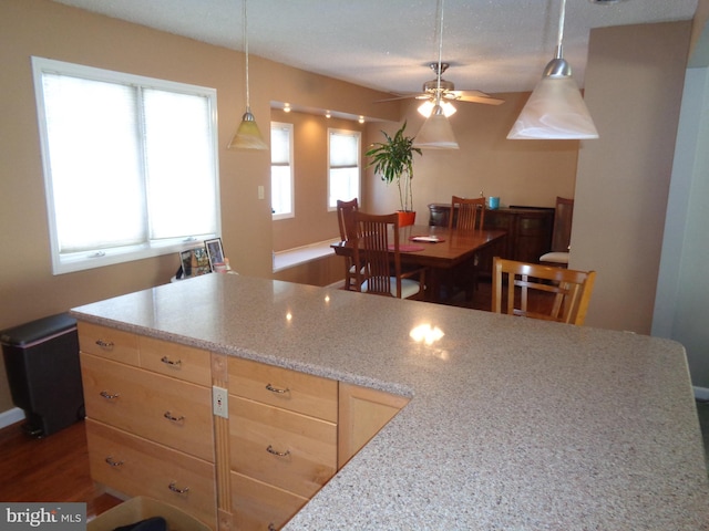 kitchen with pendant lighting, dark hardwood / wood-style flooring, light stone countertops, and light brown cabinets