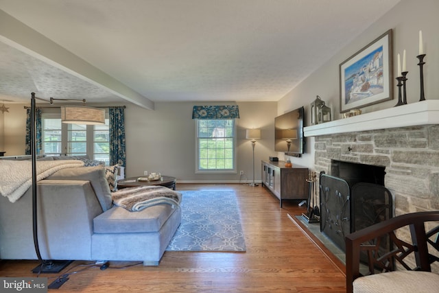 living room featuring wood-type flooring and a stone fireplace