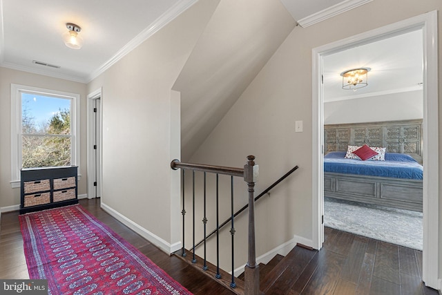 hallway featuring ornamental molding and dark wood-type flooring