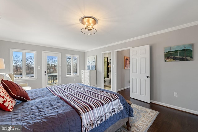 bedroom with dark wood-type flooring, connected bathroom, crown molding, and access to outside