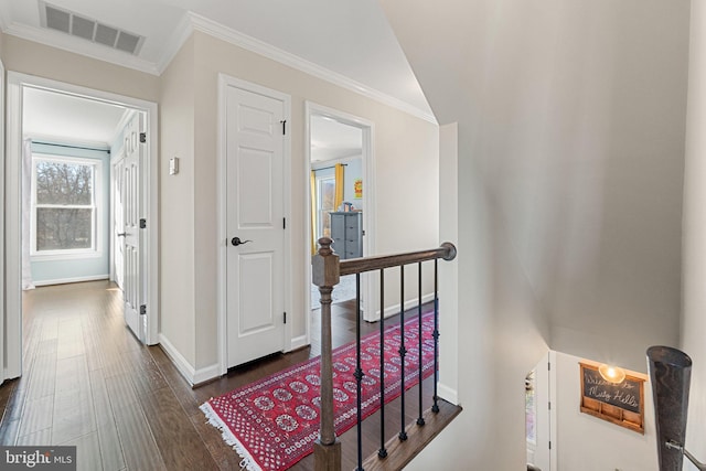 hall with dark wood-type flooring and crown molding