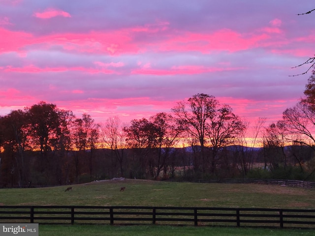 yard at dusk featuring a rural view