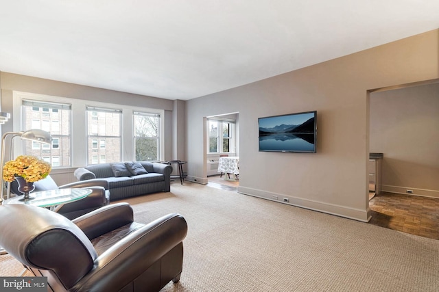 living room featuring light carpet