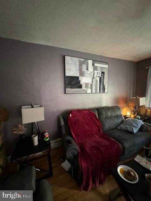 living room with wood-type flooring and a textured ceiling