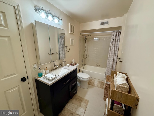 full bathroom with vanity, shower / bath combination with curtain, and toilet