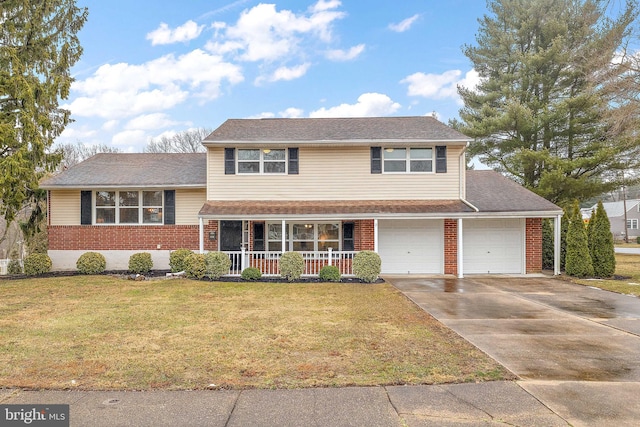 split level home featuring a porch, a garage, and a front lawn