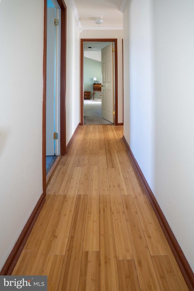 corridor with ornamental molding and light hardwood / wood-style flooring