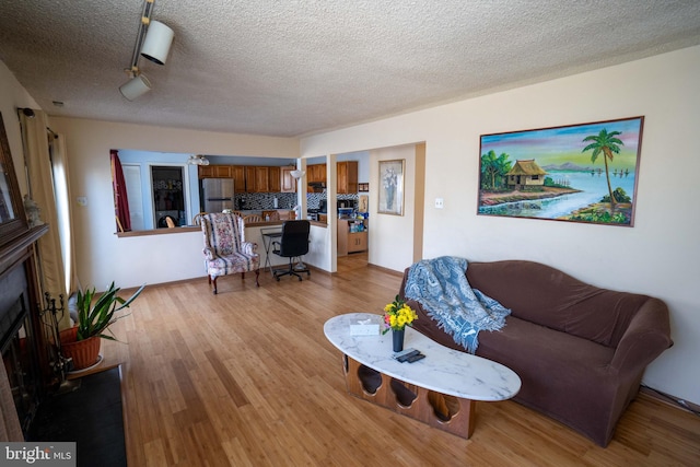 living room featuring light hardwood / wood-style flooring and a textured ceiling