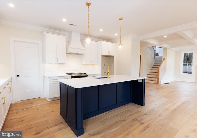 kitchen with custom exhaust hood, sink, white cabinets, and a kitchen island with sink