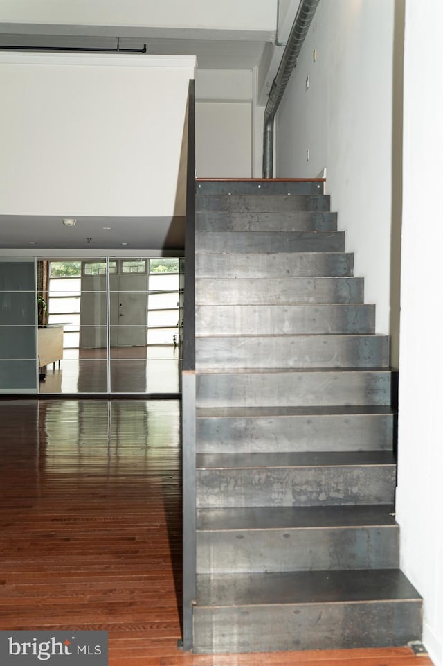 staircase with hardwood / wood-style floors