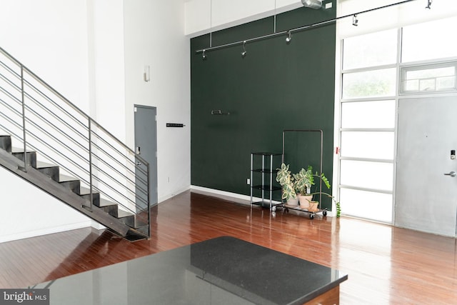 foyer featuring a high ceiling, rail lighting, floor to ceiling windows, and hardwood / wood-style floors