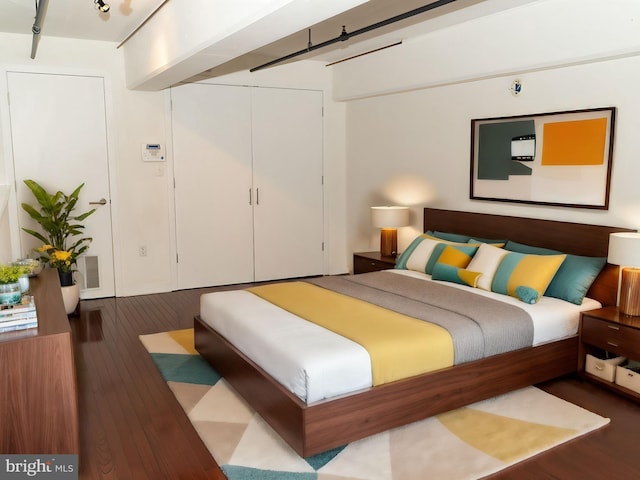 bedroom with dark wood-type flooring and a closet