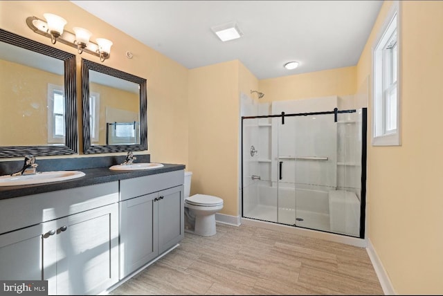 bathroom featuring vanity, an enclosed shower, and a wealth of natural light