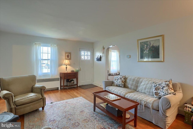 living room featuring plenty of natural light, radiator, and light hardwood / wood-style floors