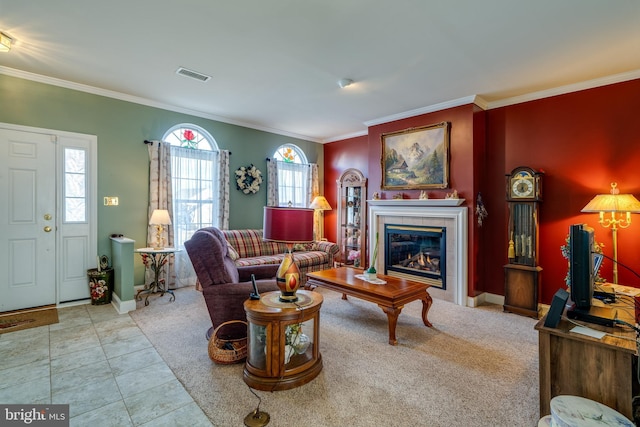 tiled living room featuring crown molding and a tile fireplace