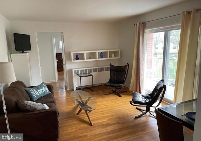 living area featuring radiator and wood-type flooring