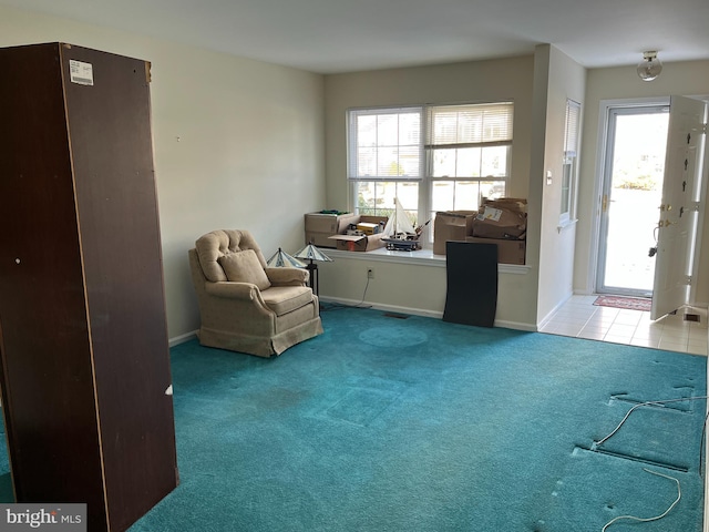 sitting room featuring light colored carpet