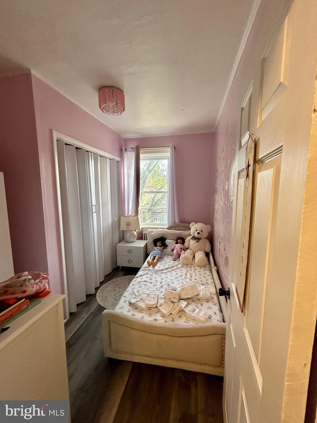 bedroom with dark wood-type flooring and a closet