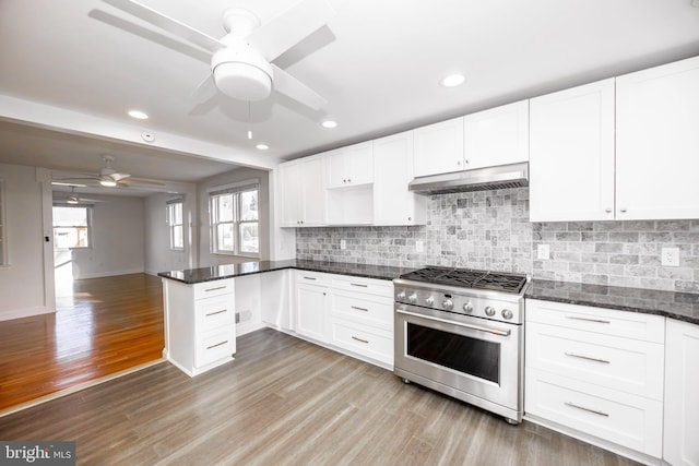 kitchen with white cabinets, light wood-style flooring, open floor plan, high end stove, and under cabinet range hood