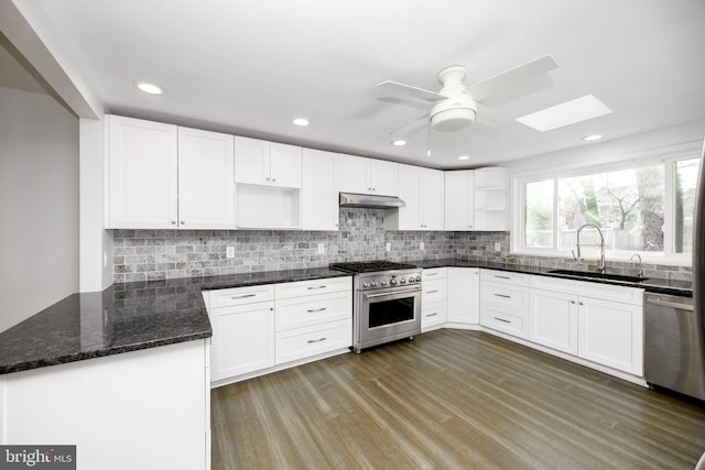 kitchen featuring appliances with stainless steel finishes, under cabinet range hood, white cabinetry, open shelves, and a sink