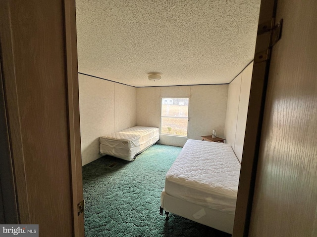 bedroom featuring a textured ceiling and carpet flooring