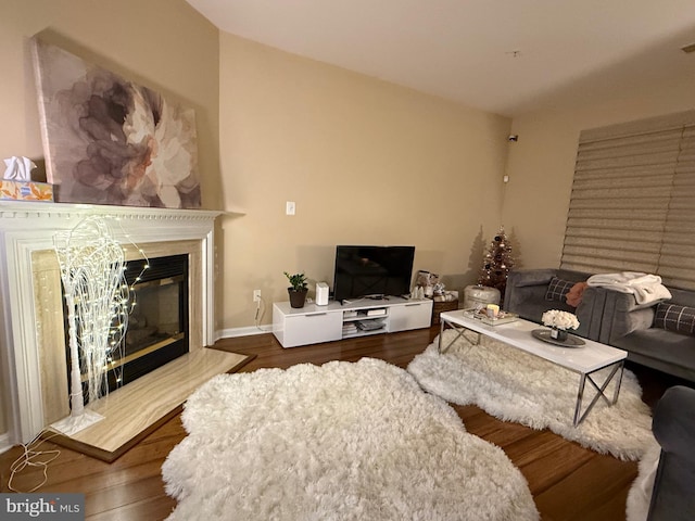 living room with hardwood / wood-style floors and a fireplace