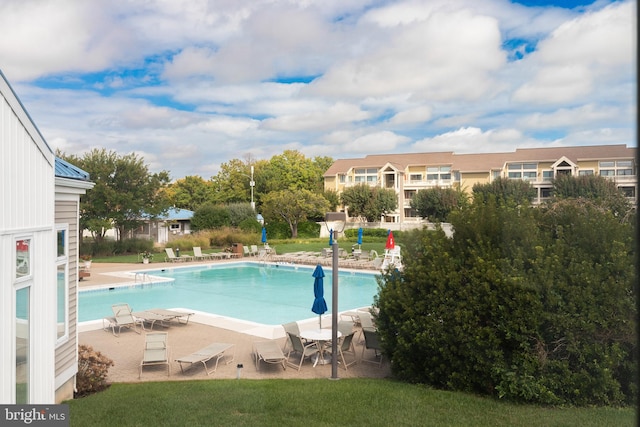 view of swimming pool featuring a patio area