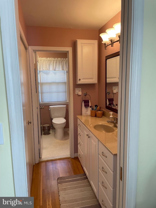 bathroom with vanity, wood-type flooring, and toilet