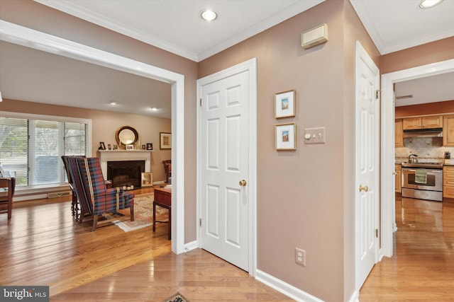 foyer entrance featuring ornamental molding and light wood-type flooring