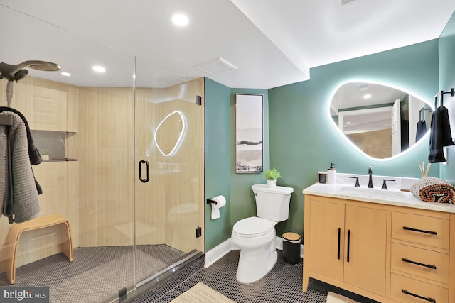 full bathroom with a stall shower, toilet, tile patterned flooring, vanity, and recessed lighting