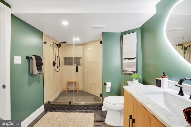 full bathroom with toilet, a stall shower, visible vents, and vanity