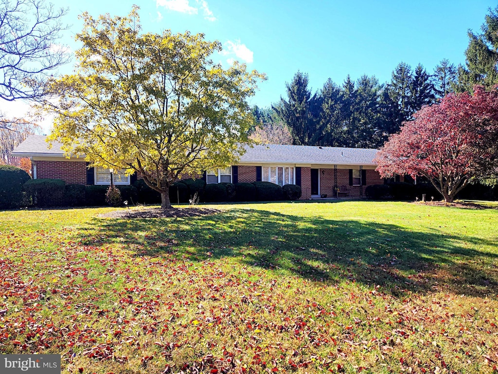 single story home featuring a front lawn