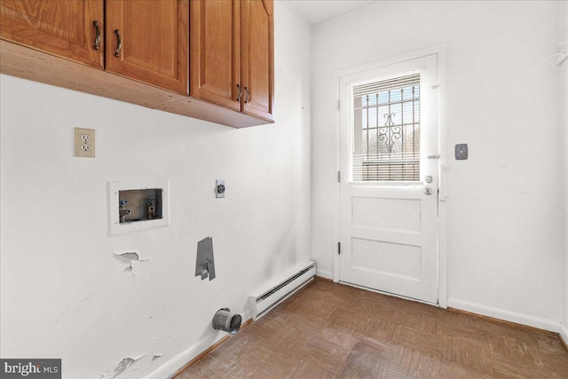 laundry room with cabinet space, baseboards, hookup for a washing machine, baseboard heating, and electric dryer hookup