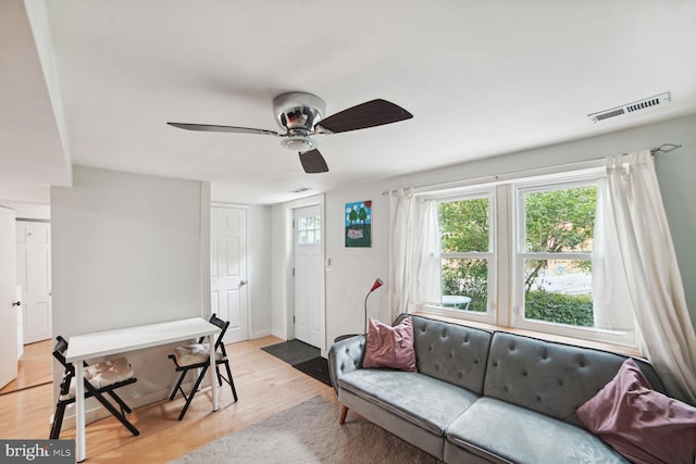 living room with ceiling fan, plenty of natural light, and light wood-type flooring