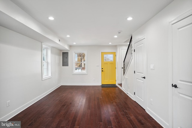 foyer entrance featuring electric panel, dark hardwood / wood-style floors, and a healthy amount of sunlight