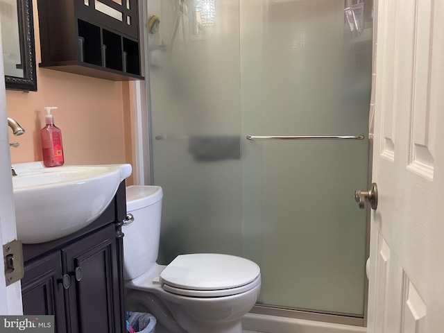 bathroom with vanity, an enclosed shower, and toilet