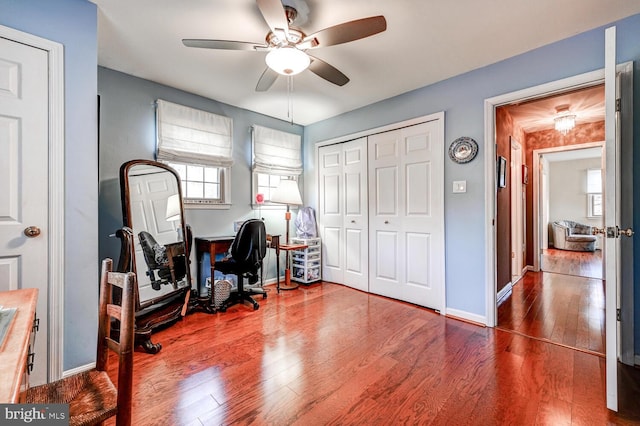 office area featuring hardwood / wood-style flooring and ceiling fan